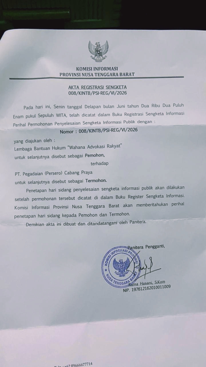 LBH WAR Daftarkan Sengketa Informasi terhadap Pegadaian Praya, Dugaan Pemalsuan Tanda Tangan Jadi Sorotan